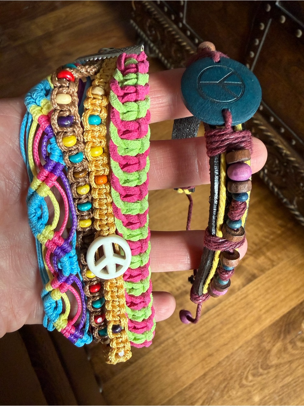 Boho friendship bracelets, beaded, peace sign, adjustable set of 2